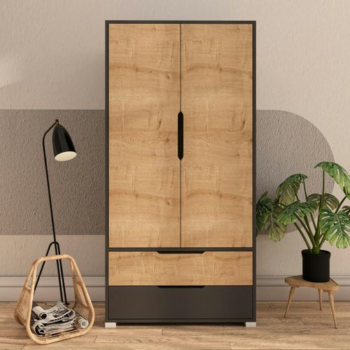 Armoire Penderie 2 Portes Effet Bois Et Anthracite Byron