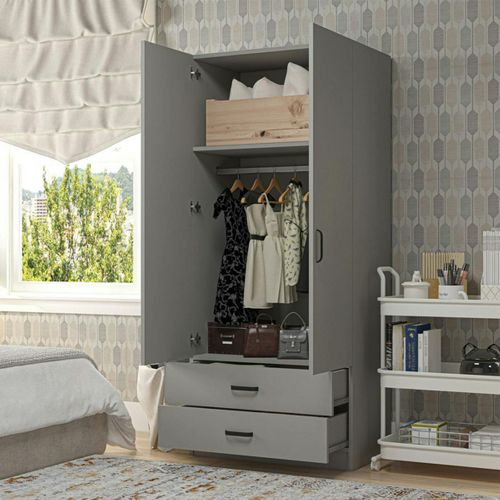 Armoire Penderie Grise 2 Portes 2 Tiroirs 80 Cm Byron