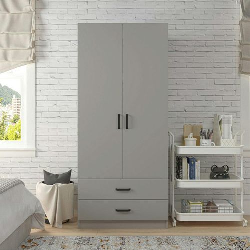 Armoire Penderie Grise 2 Portes 2 Tiroirs 80 Cm Byron