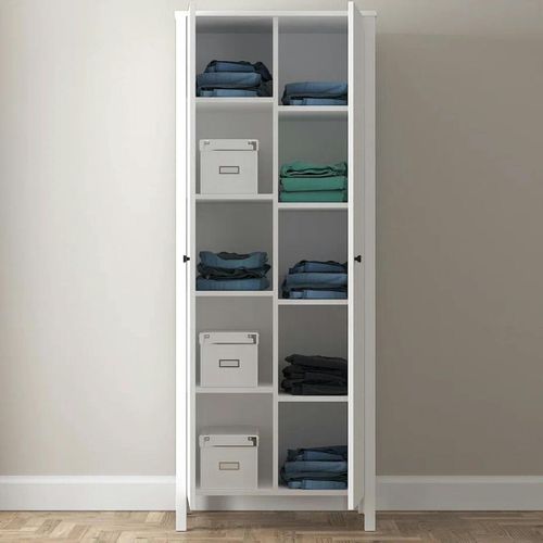 Armoire Étroite Blanche 2 Portes, 10 Étagères Byron