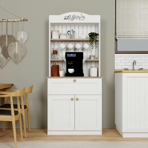 Vaisselier Cuisine Blanc 2 Portes, Niche Machine à Café Varen