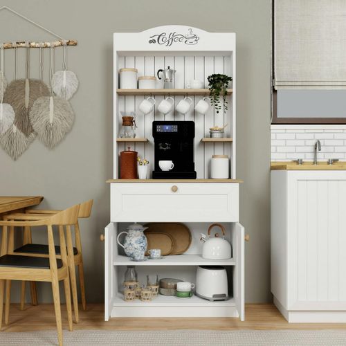 Vaisselier Cuisine Blanc 2 Portes, Niche Machine à Café Varen