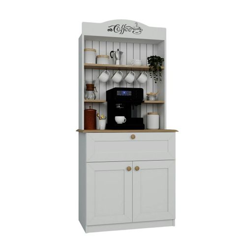 Vaisselier Cuisine Blanc 2 Portes, Niche Machine à Café Varen