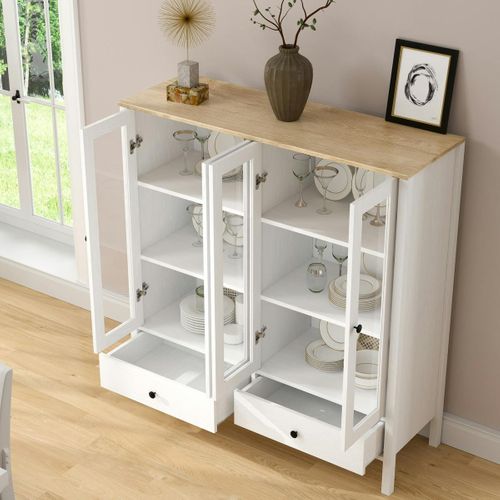 Buffet Vaisselier Blanc, 4 Portes Vitrées 2 Tiroirs Salta