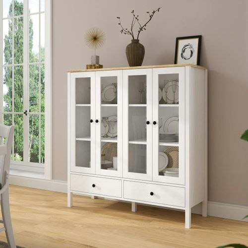 Buffet Vaisselier Blanc, 4 Portes Vitrées 2 Tiroirs Salta