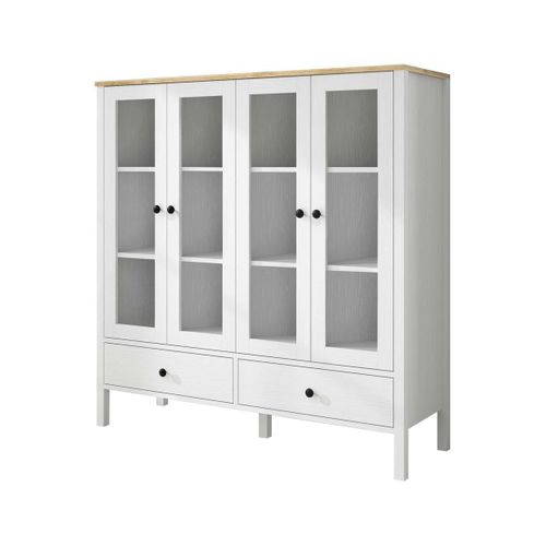 Buffet Vaisselier Blanc, 4 Portes Vitrées 2 Tiroirs Salta