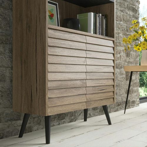 Bibliothèque Salon Effet Noyer, 2 Portes Sculptées Marfa