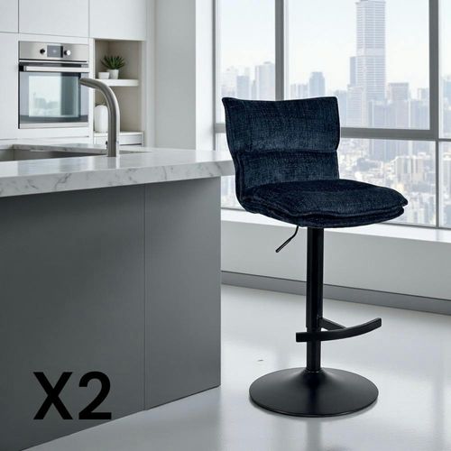 Tabouret De Bar Réglable En Tissu Bleu Nuit (lot De 2) Iena