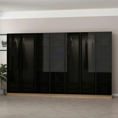 Dressing Design 7 Portes Verre Noir et Cadre Effet Bois Byron