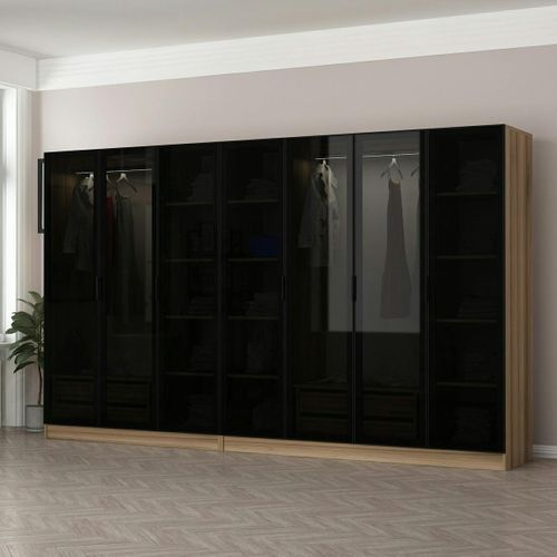 Dressing Design 7 Portes Verre Noir et Cadre Effet Bois Byron