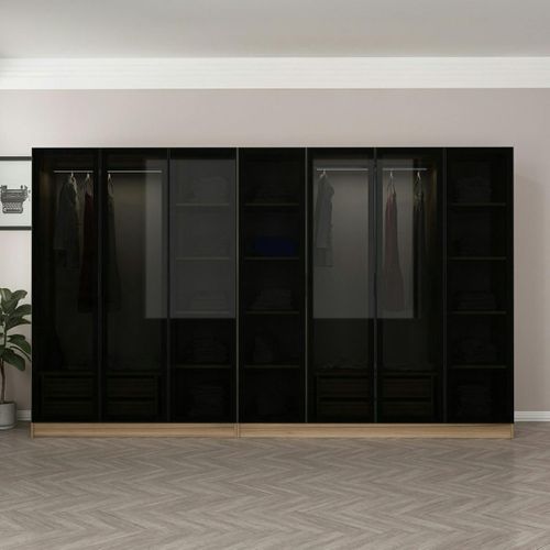 Dressing Design 7 Portes Verre Noir et Cadre Effet Bois Byron