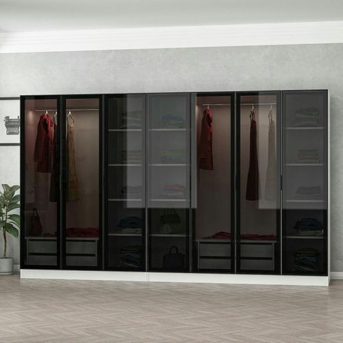 Dressing Design 7 Portes En Verre Noir Et Cadre Blanc Byron