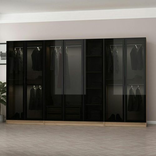 Dressing Design 7 Portes Verre Noir et Cadre Effet Noyer Byron