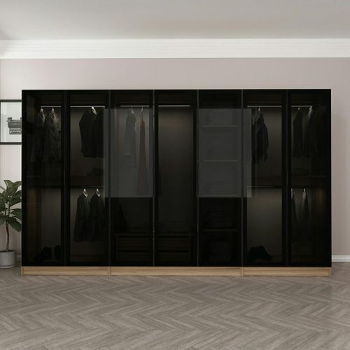 Dressing Design 7 Portes Verre Noir et Cadre Effet Noyer Byron