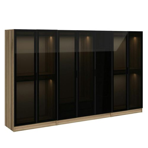 Dressing Design 7 Portes Verre Noir et Cadre Effet Noyer Byron