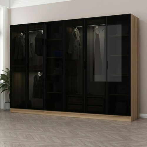 Dressing Design 6 Portes Verre Noir et Cadre Effet Noyer Byron