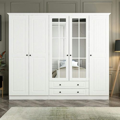 Armoire Avec Tiroirs Bayron - Blanc, Dimensions 263x48,5x200 Cm - Mélamine Haute Résistance - 3 Colis - 5