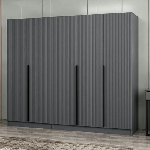 Armoire Penderie Grise 5 Portes Rainurées 3 Portants Byron