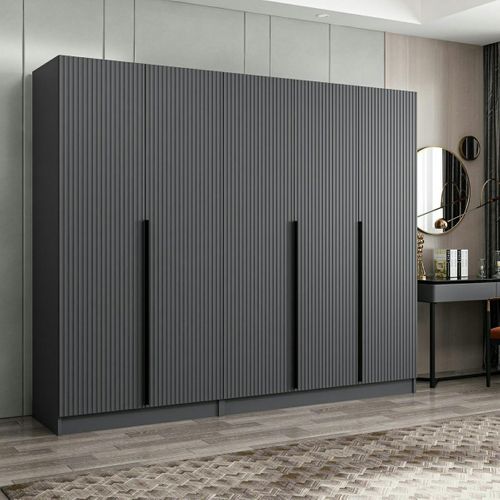 Armoire Penderie Grise 5 Portes Rainurées 3 Portants Byron