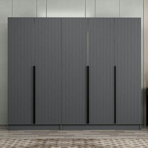 Armoire Penderie Grise 5 Portes Rainurées 3 Portants Byron