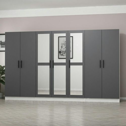 Armoire Dressing Grise Et Blanche 7 Portes, 5 Penderies Byron