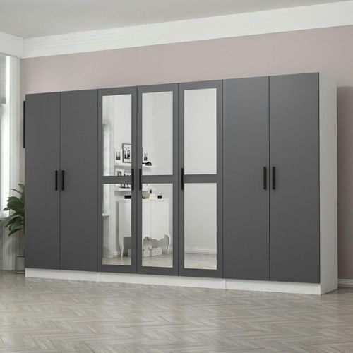Armoire Dressing Grise Et Blanche 7 Portes, 5 Penderies Byron