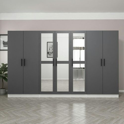 Armoire Dressing Grise Et Blanche 7 Portes, 5 Penderies Byron