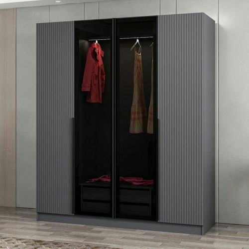 Armoire Penderie Grise 2 Portes Rainurées 2 Vitrées Byron