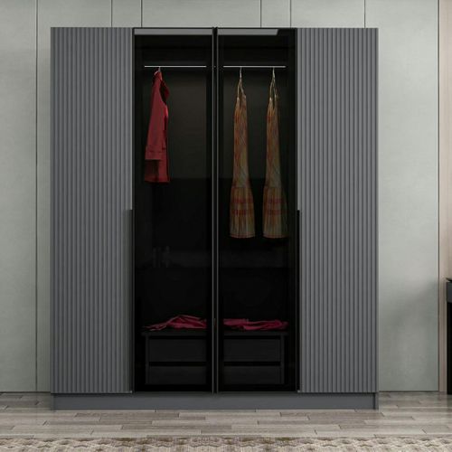 Armoire Penderie Grise 2 Portes Rainurées 2 Vitrées Byron