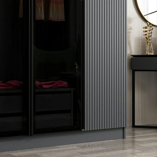 Armoire Penderie Grise 2 Portes Rainurées 2 Vitrées Byron