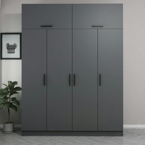 Armoire Penderie Grise 6 Portes, 1 Portant 2 Tiroirs Byron