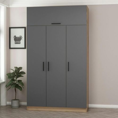 Armoire Penderie 4 Portes Gris et Effet Bois, 1 Tringle Byron