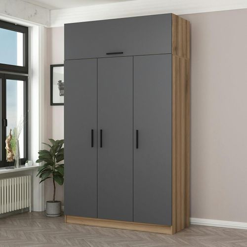 Armoire Penderie 4 Portes Gris et Effet Bois, 1 Tringle Byron
