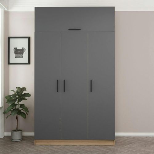 Armoire Penderie 4 Portes Gris et Effet Bois, 1 Tringle Byron