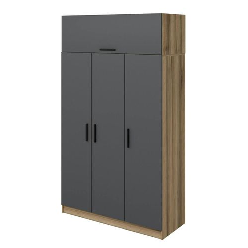 Armoire Penderie 4 Portes Gris et Effet Bois, 1 Tringle Byron