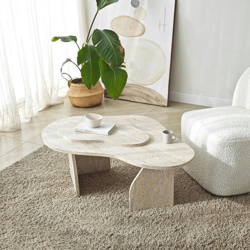 Table Basse Design Organique Effet Travertin 2 Plateaux Marfa