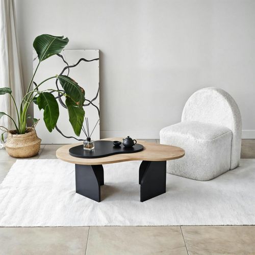 Table Basse Design Organique Noire Et Effet Bois, 2 Plateaux Marfa
