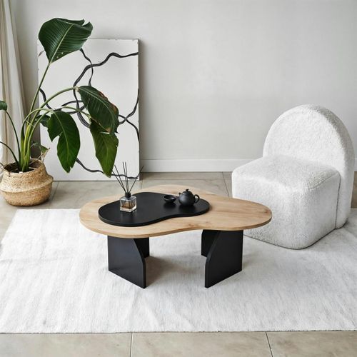 Table Basse Design Organique Noire Et Effet Bois, 2 Plateaux Marfa