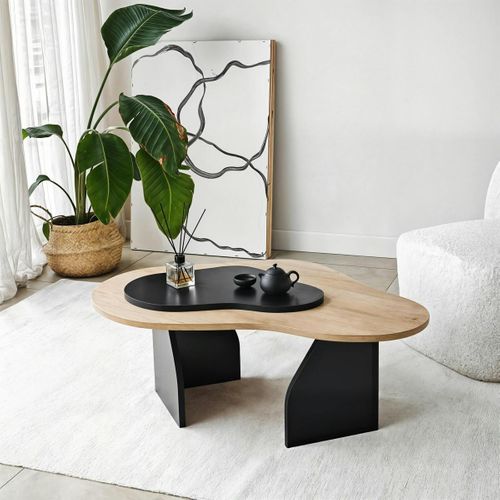 Table Basse Design Organique Noire Et Effet Bois, 2 Plateaux Marfa
