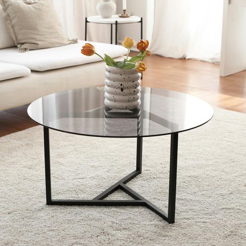 Table Basse Ronde Verre Fumé, Pied Noir 3 Branches Tulum