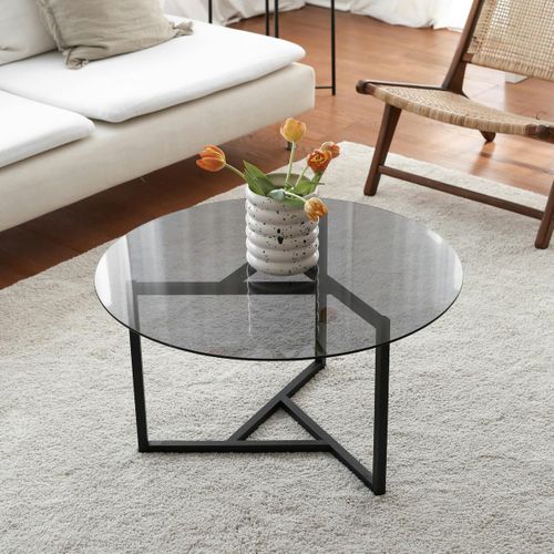 Table Basse Ronde Verre Fumé, Pied Noir 3 Branches Tulum