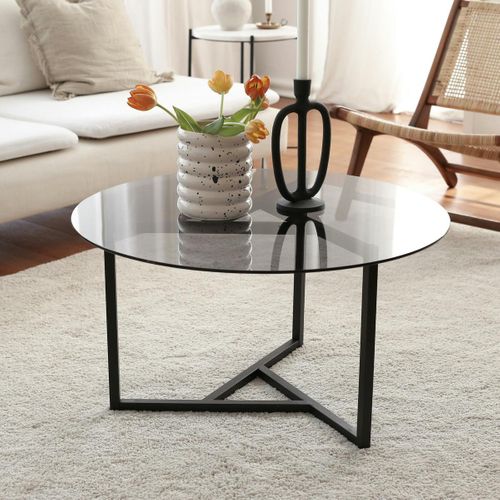 Table Basse Ronde Verre Fumé, Pied Noir 3 Branches Tulum