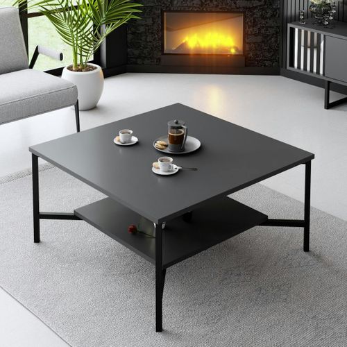 Table Basse Carrée Anthracite, 2 Plateaux Pieds Noirs Jena