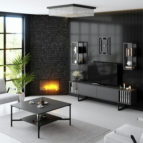 Table Basse Carrée Anthracite, 2 Plateaux Pieds Noirs Jena