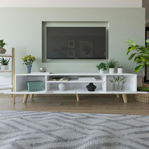 Long Meuble TV Blanc Moderne, 4 Portes 180 Cm Marfa