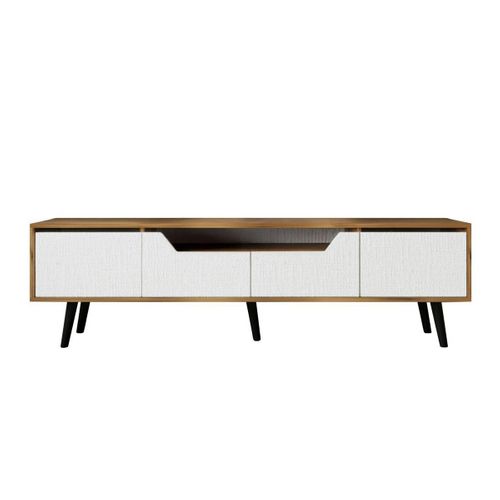 Long Meuble TV 4 Portes Blanches Cadre Effet Noyer Marfa