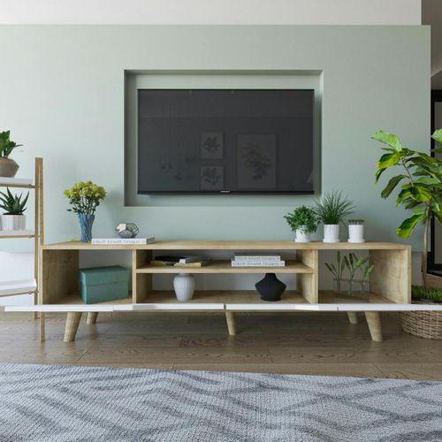 Long Meuble TV 4 Portes Blanches Et Cadre Clair 180 Cm Marfa