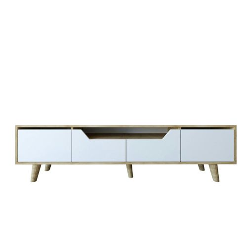 Long Meuble TV 4 Portes Blanches Et Cadre Clair 180 Cm Marfa