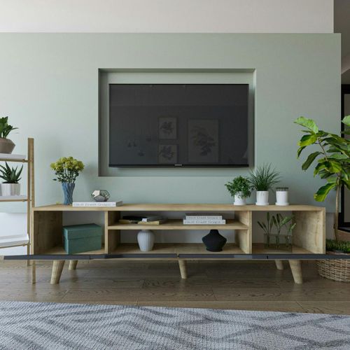 Long Meuble TV 4 Portes Grises Et Cadre Clair 180 Cm Marfa