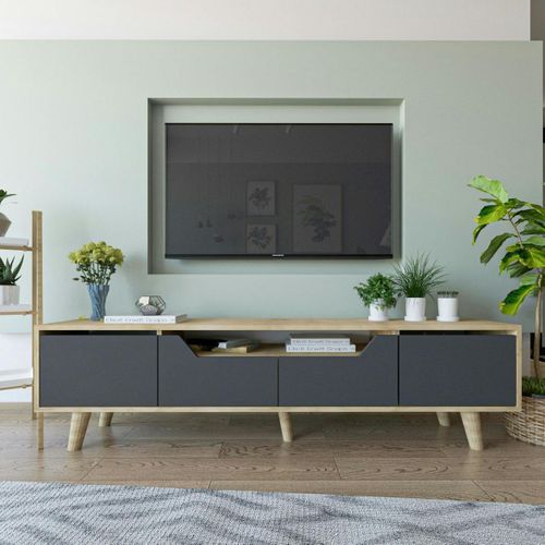 Long Meuble TV 4 Portes Grises Et Cadre Clair 180 Cm Marfa